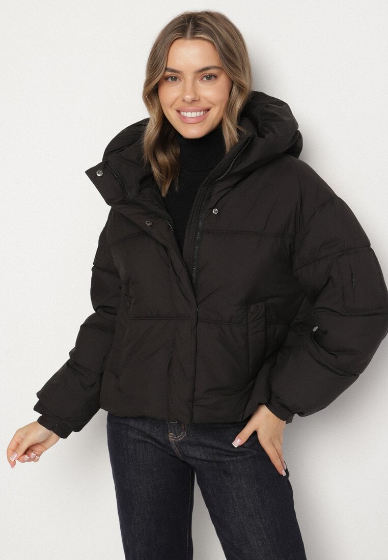 Czarna Pikowana Kurtka Puffer z Kapturem i Kieszonką przy Rękawie Galieana