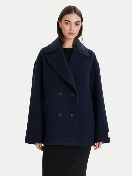Calvin Klein Płaszcz wełniany LV044D549G Granatowy Relaxed Fit