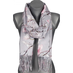 Szalik damski przejściowy jesień zima KWIATY na prezent z frędzlami RC28-1 szary