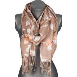 Szalik damski przejściowy jesień zima KWIATY na prezent z frędzlami RC28-4 beżowy