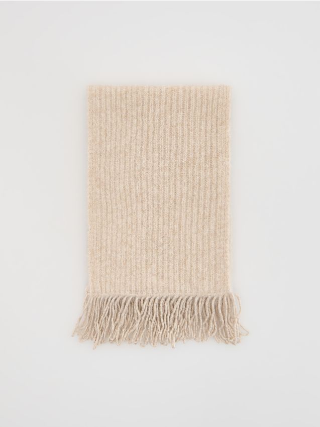Reserved - Prążkowany szalik z frędzlami - kremowy