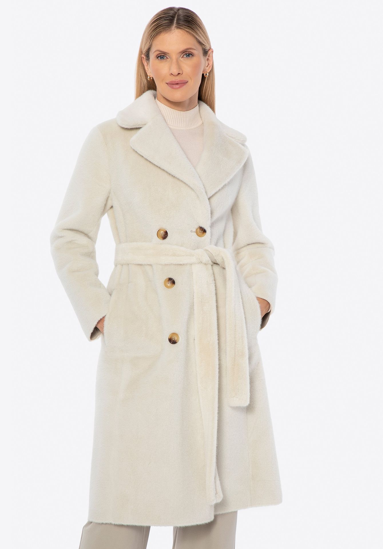 Dwustronny damski płaszcz z wiązaniem kremowy