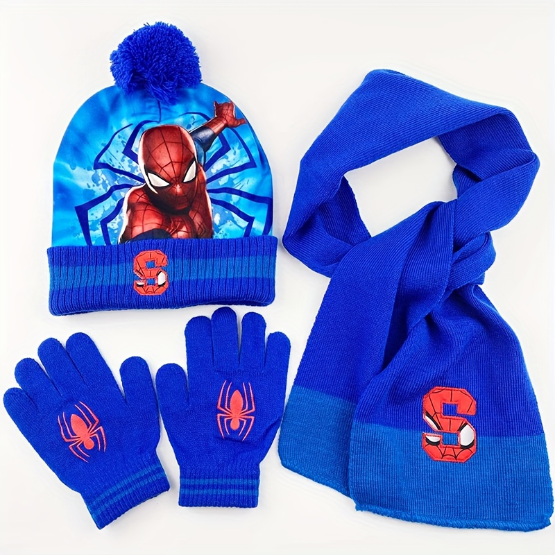 TEMU Zestaw 3 szt. Kapelusz, szal i rękawiczki Spider-Man - Miękki, elastyczny, ciepły na zimę z motywem , Czerwony/Czerwony, / Opcje kolorystyczne -