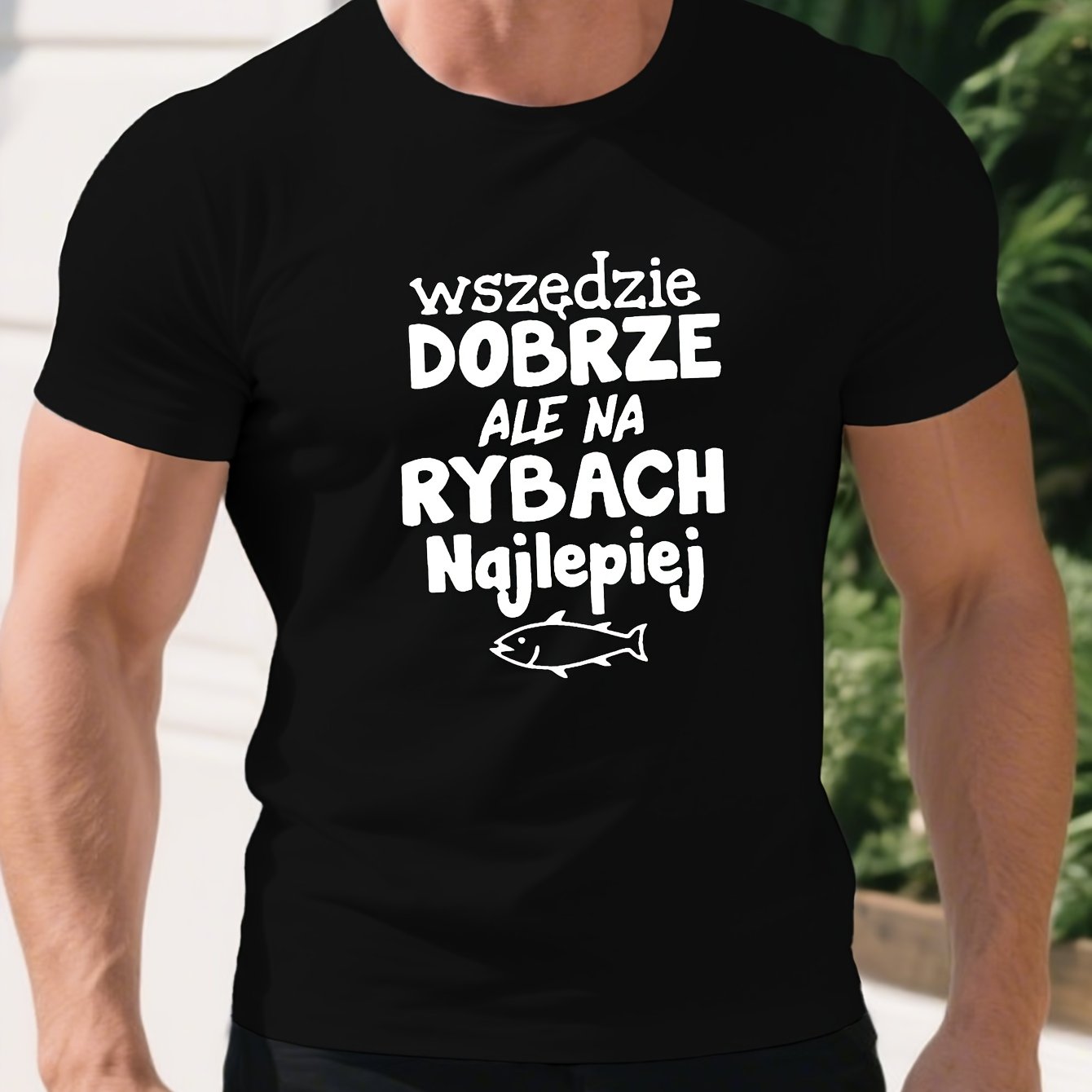 TEMU Męska Koszulka z Zabawnym Polskim Napisem i Grafiką Ryby - Żywa Niebiesko-Biała Wzór Tekstu, Lekki Letni Casualowy Top Humorystycznym Hasłem,