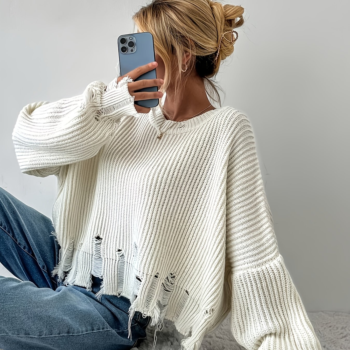 TEMU Nowy Design Elegancki Modny Okrągły Dekolt Wszechstronny Postrzępiony Trendowy Wygodny Sweter Damski