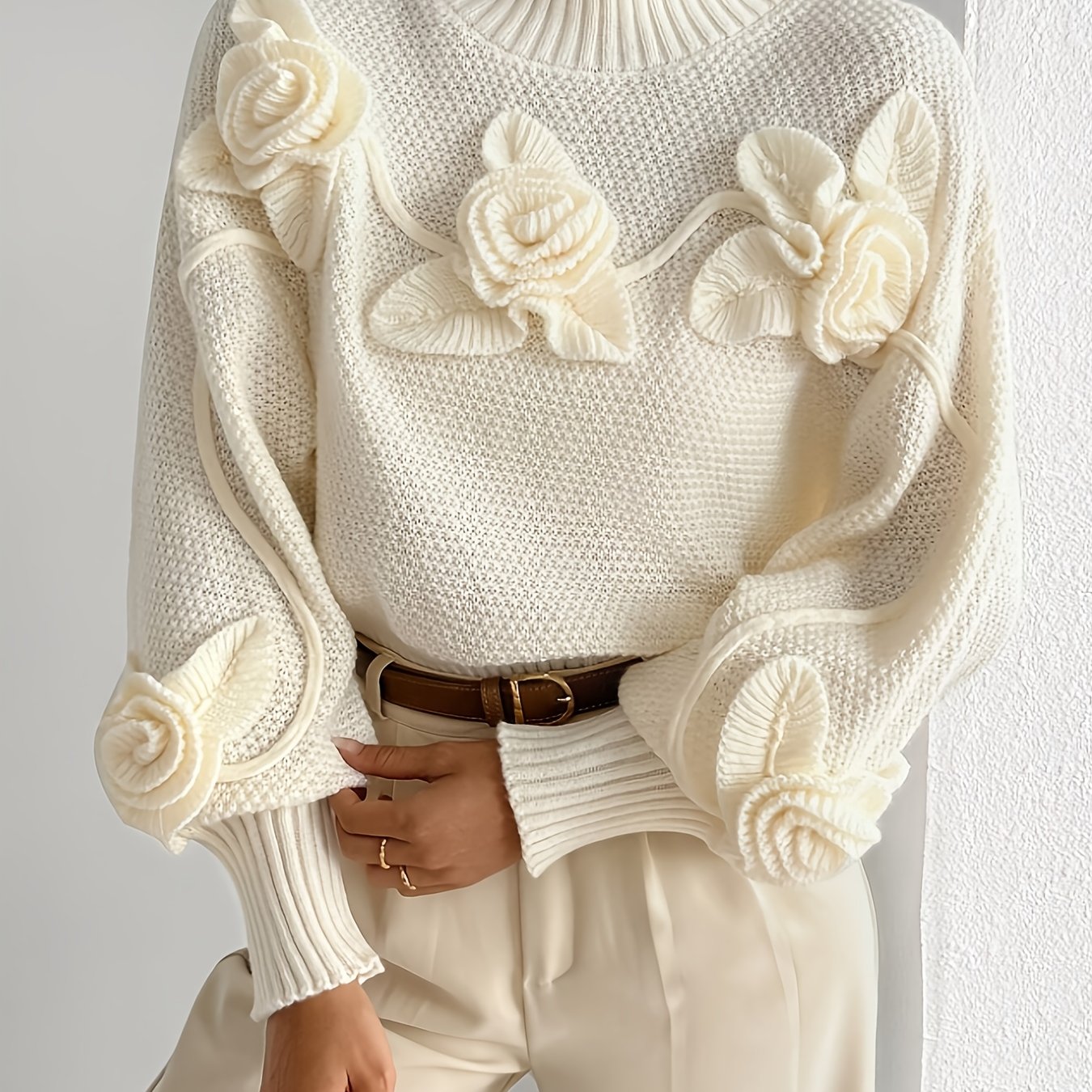 TEMU Elegancki damski sweter z wysokim dekoltem i kwiatowym wzorem 3D - Miﾄ冖ki, ciepﾅＺ sweter z dﾅＶgim rﾄ冖awem i aplikacjﾄ� kwiatowﾄ�, jednolity