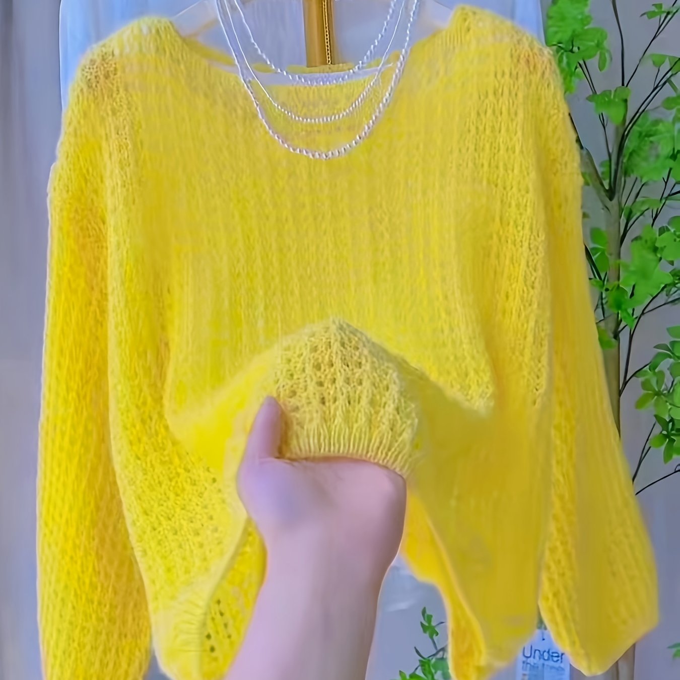 TEMU Miękki i uroczy letni sweter z odkrytymi ramionami, z ażurowymi elementami, elegancki i swobodny, z długimi rękawami i lekką chustą