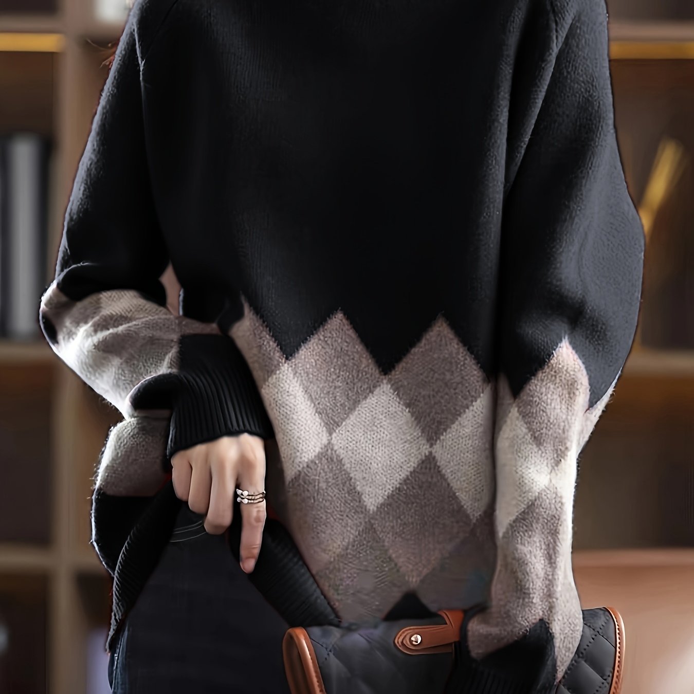 TEMU Damski sweter casualowy z blokami kolorów - miękki sweter z okrągłym dekoltem i wzorem geometrycznym, czarny i szary, styl casual, na każdą porę