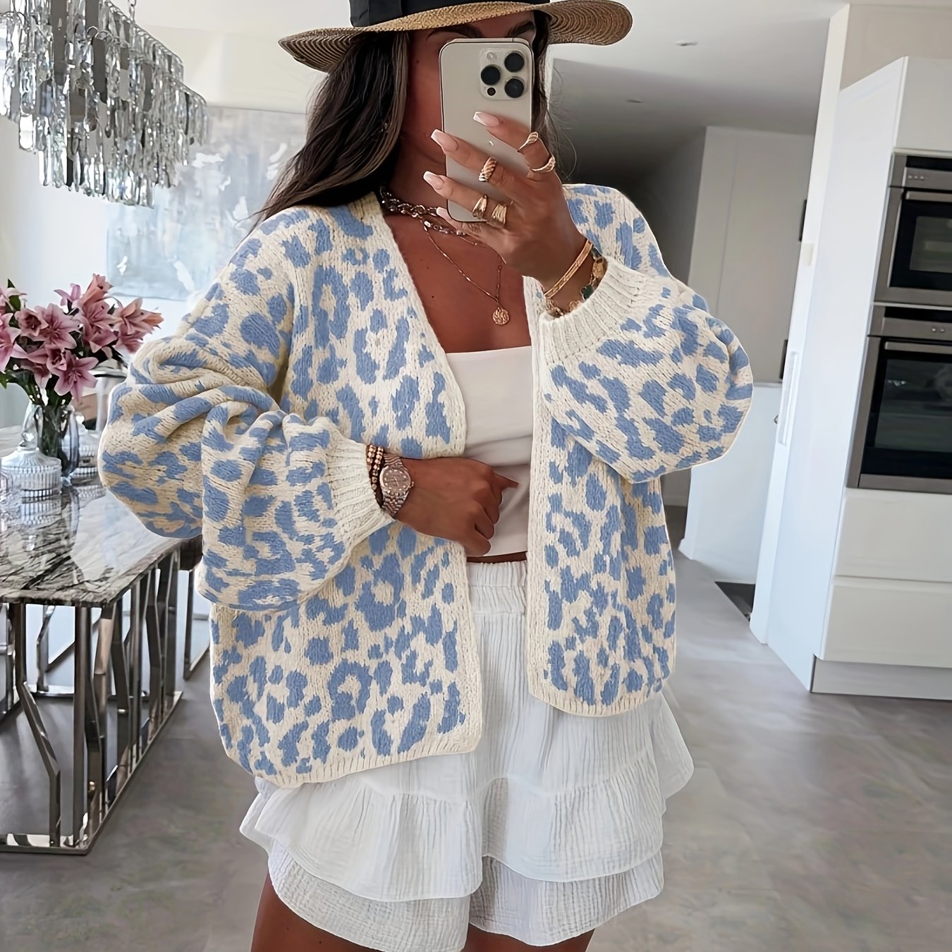 TEMU Damski sweter casualowy z nadrukiem - sweter z blokami kolorów z akrylu z wyciętym kołnierzem, styl jesień/, biały i brązowy, stylowy sweter