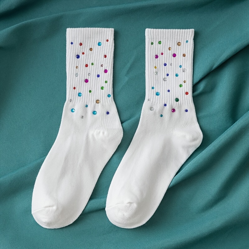 TEMU 1 Para Kolorowych Skarpet Z Dżetami, Damskie Modne Skarpety Do Połowy Łydki, Elegancki Styl, Pranie Ręczne Lub Chemiczne, Jednolity , Poliester,
