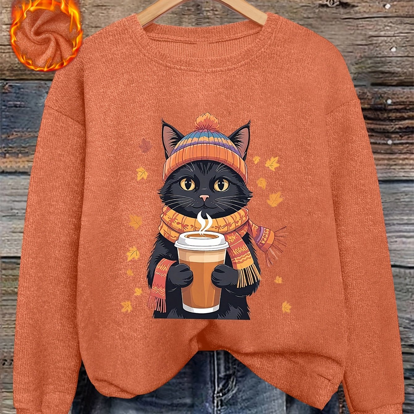 TEMU Damski Sweter Czarny i Kawowy - Przytulny Zimowy Pulower z Uroczym Nadrukiem Kociąt, Brązowy Sweter w Stylu Kamizelki, Okrągły Dekolt, Casualowa