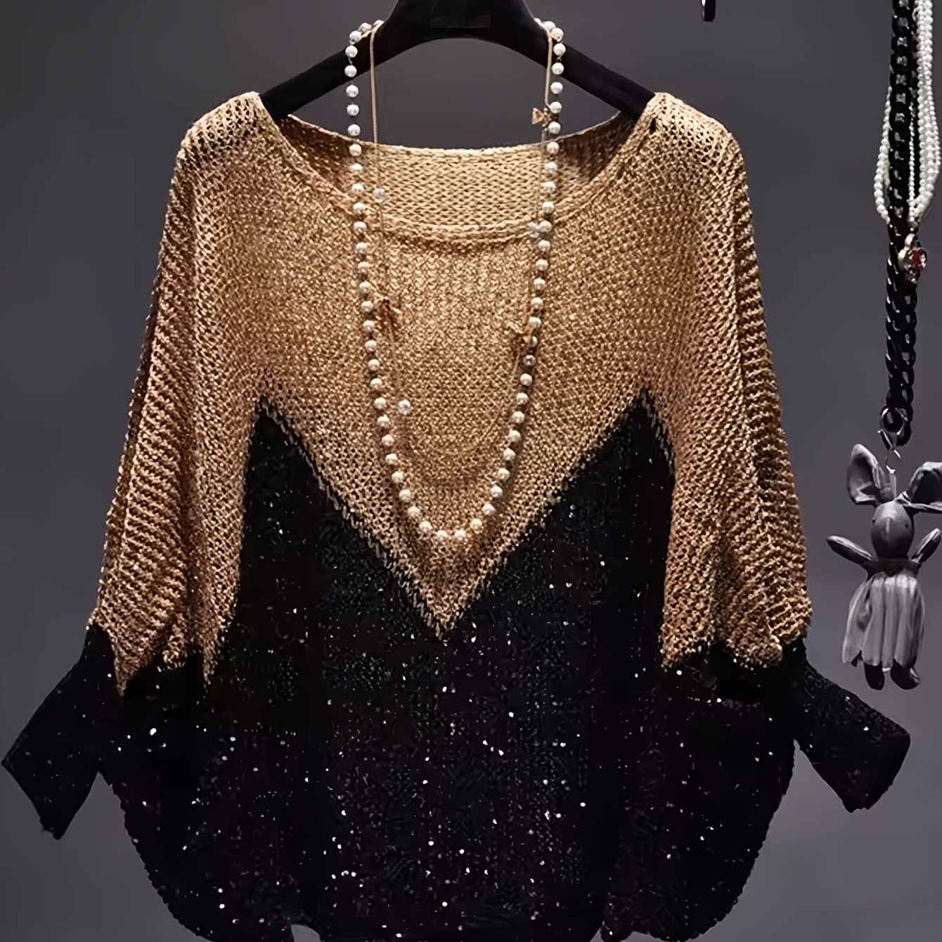 TEMU 2066# Nowy europejski i amerykański styl bluzy z brokatem dla kobiet, luźny pulower z kapturem w kształcie skrzydła nietoperza z okrągłym