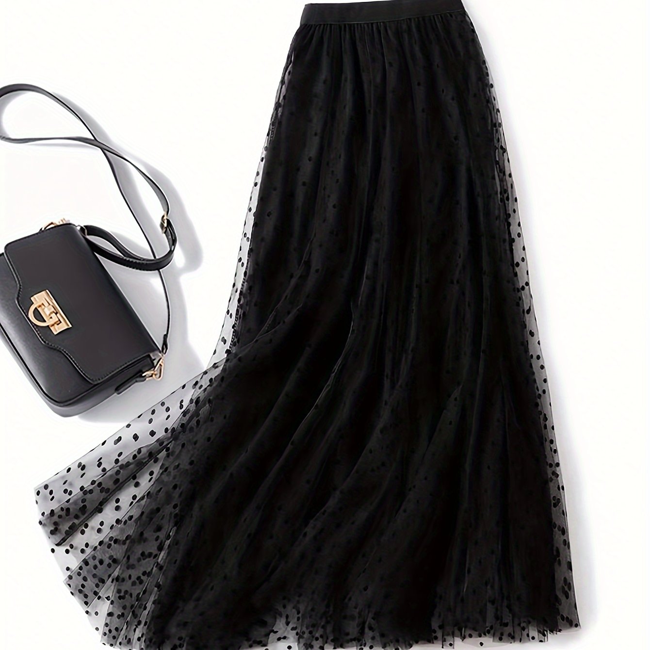 TEMU Elegancka Spódnica Midi w Kropki z Siatki - 100% Poliester, Lekka i Oddychająca, Pranie Ręczne lub Czyszczenie Chemiczne, Idealna na Każdą Porę