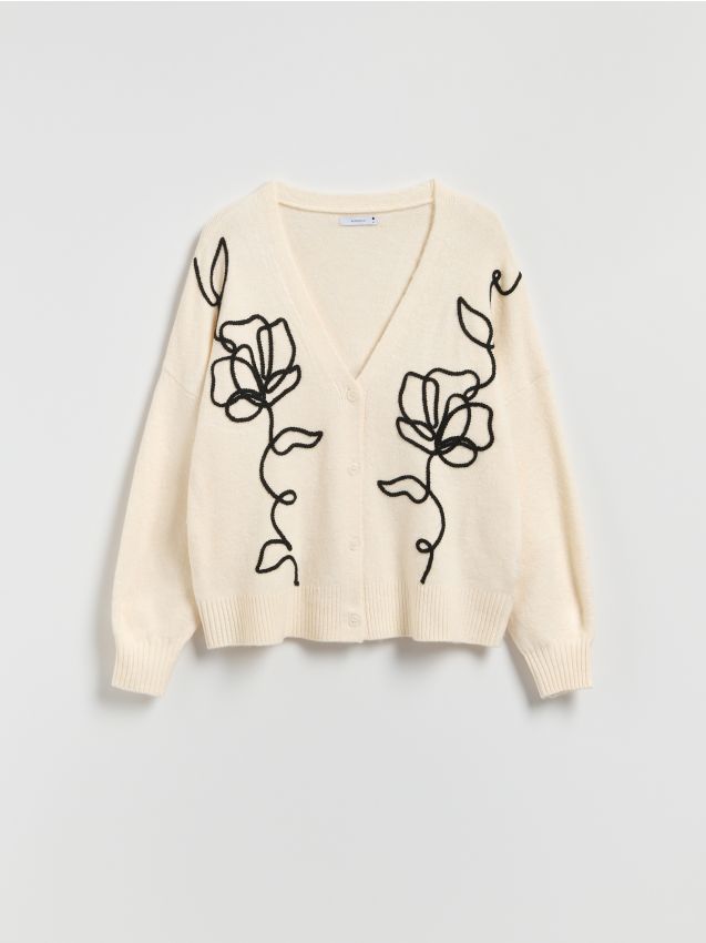 Reserved - Kardigan z haftem - kremowy