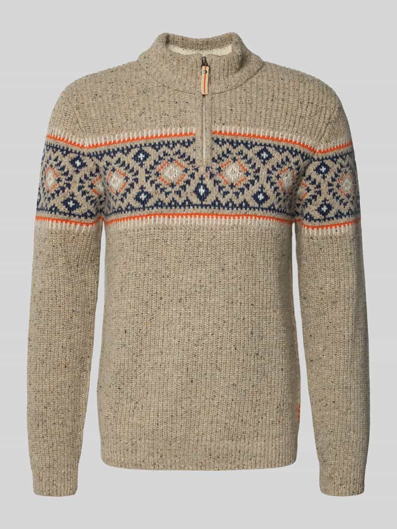 Sweter z mieszanki wełny z norweskim wzorem i kołnierzem zapinanym