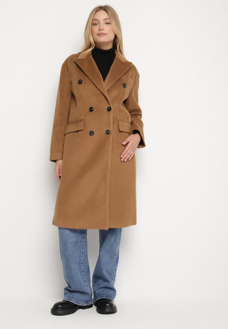 Brązowy Płaszcz o Dwurzędowym Kroju z Kieszeniami Sileti