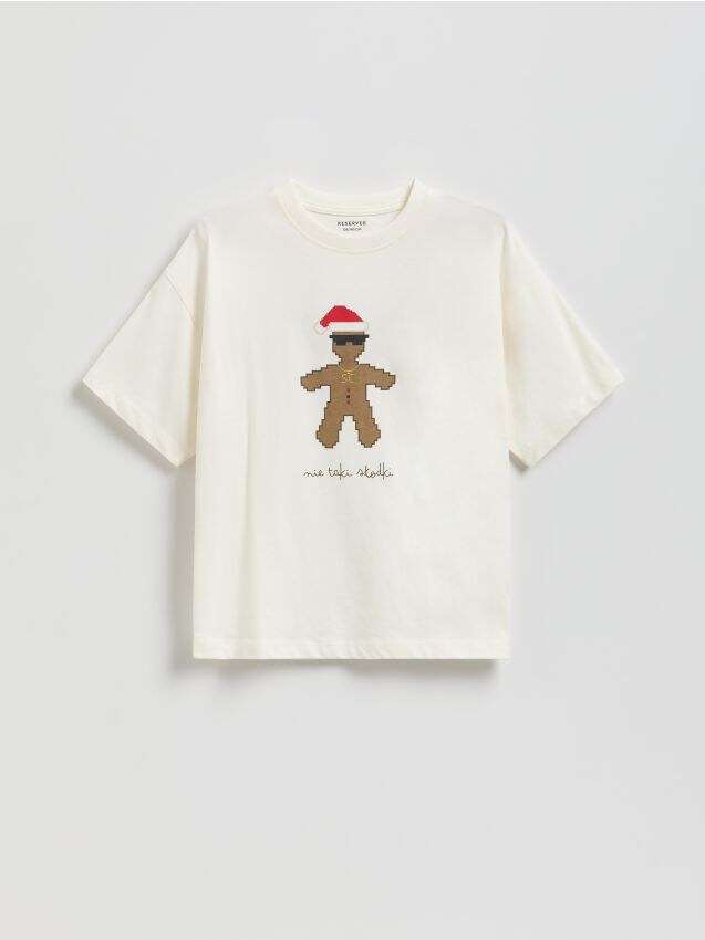 Reserved - Świąteczny t-shirt - złamana biel