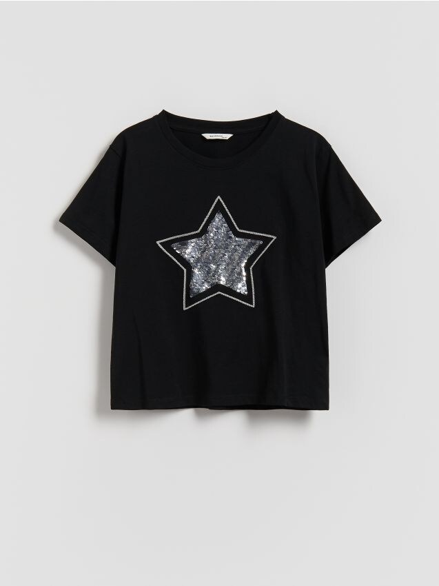 Reserved - T-shirt z cekinową aplikacją - czarny