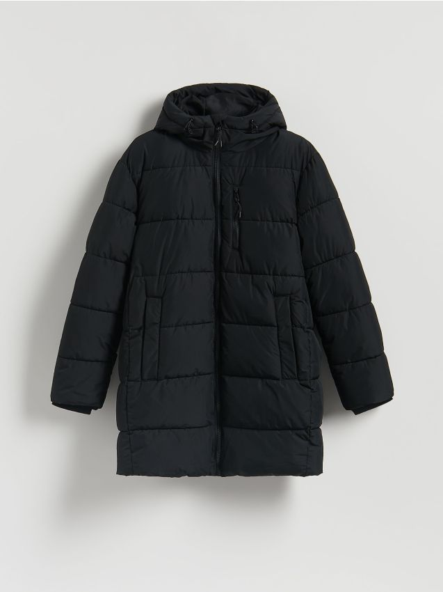 Reserved - Pikowany płaszcz z kapturem - czarny
