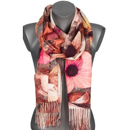 Szalik damski szal jesień zima KWIATY na prezent z frędzlami RC15-2 brązowy