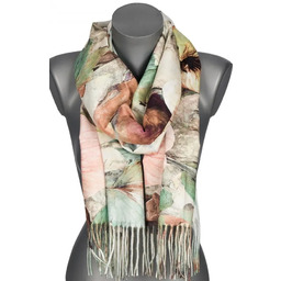 Szalik damski szal jesień zima KWIATY na prezent z frędzlami RC15-7 zielony