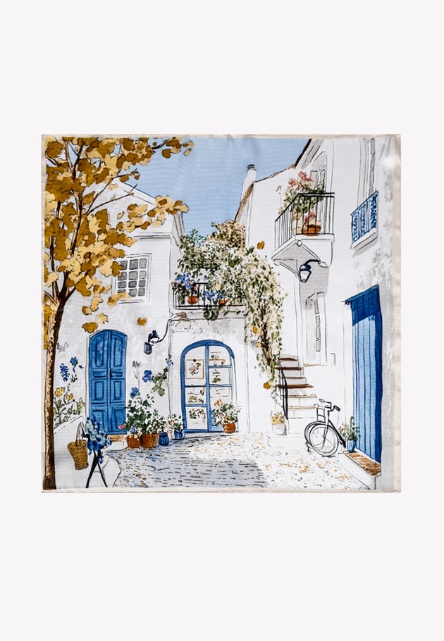 Mała apaszka damska jedwabna z motywem miasta 53 cm x 53 cm