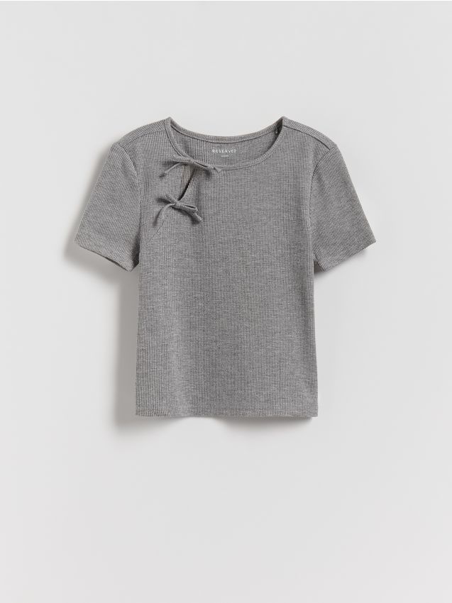 Reserved - Prążkowana bluzka z kokardkami - jasnoszary