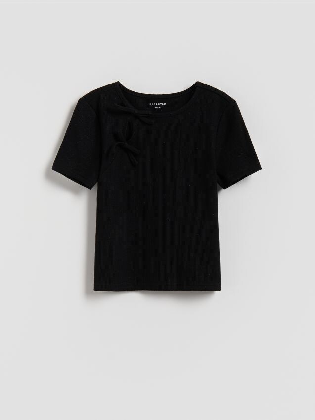 Reserved - Prążkowana bluzka z kokardkami - czarny