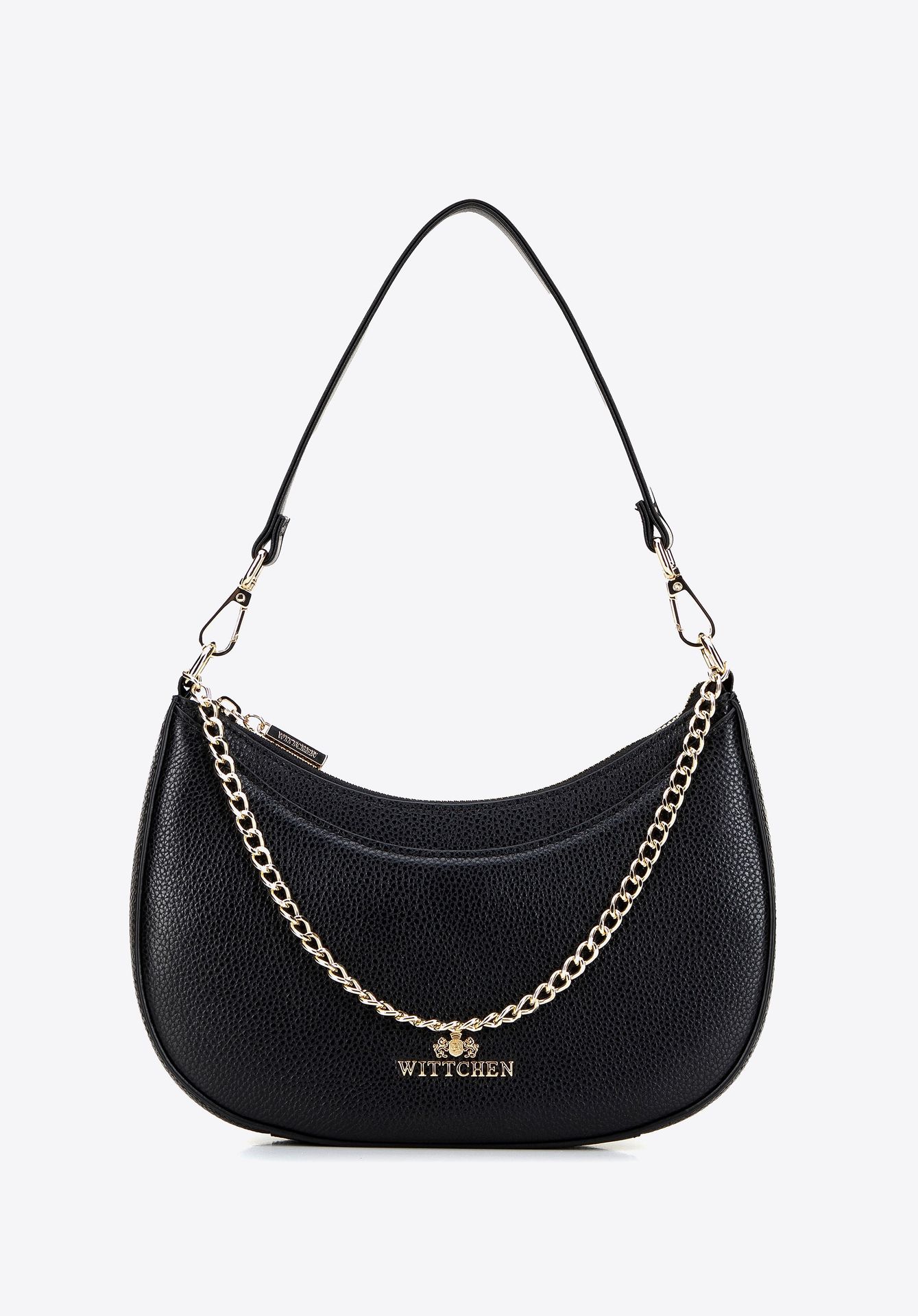 Damska torebka ze skóry naturalnej z ozdobnym łańcuszkiem czarna