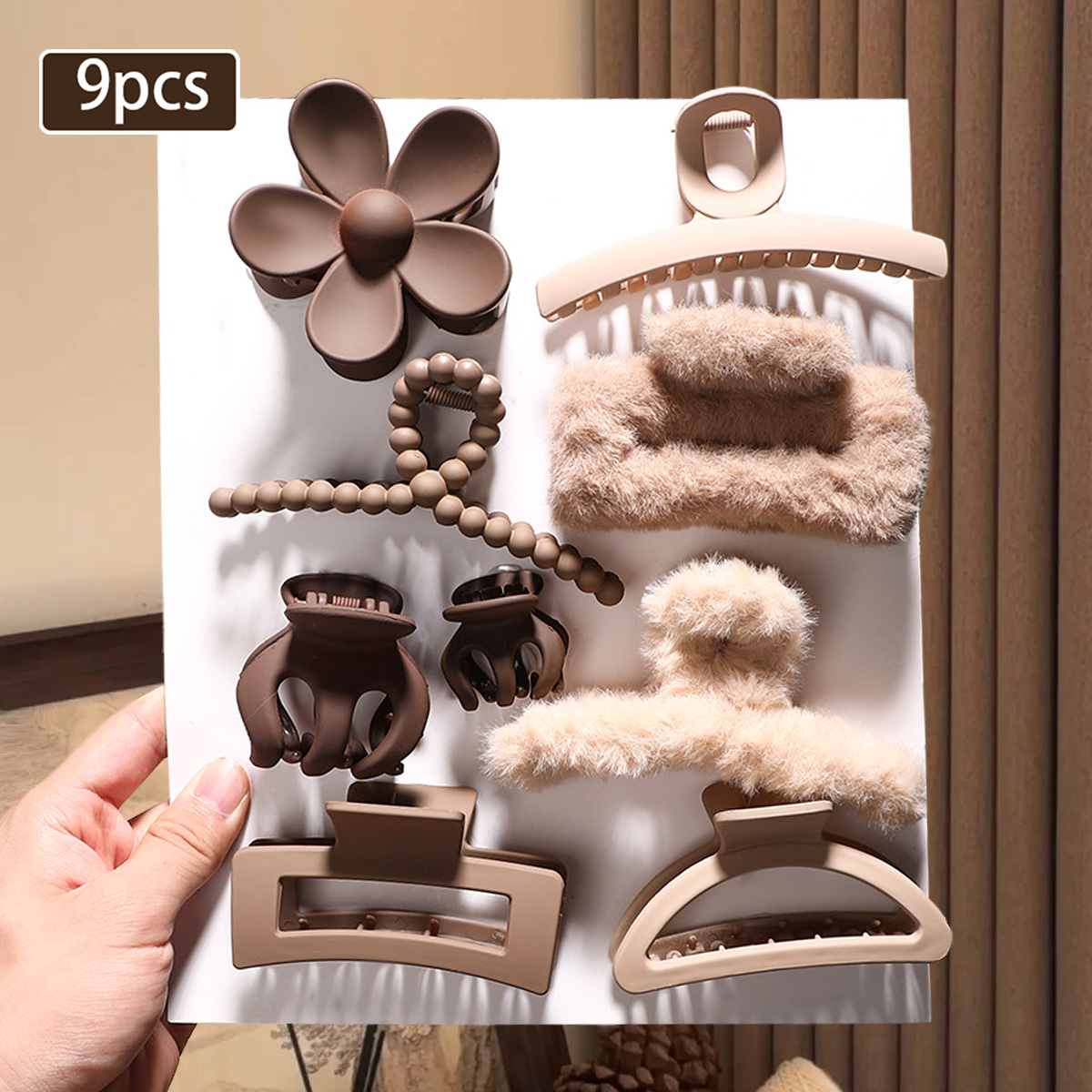 TEMU 9-częściowy zestaw klipsów do włosów w kolorze herbaty, matowych i pluszowych, eleganckich klipsów do włosów w stylu retro dla kobiet, modnych i
