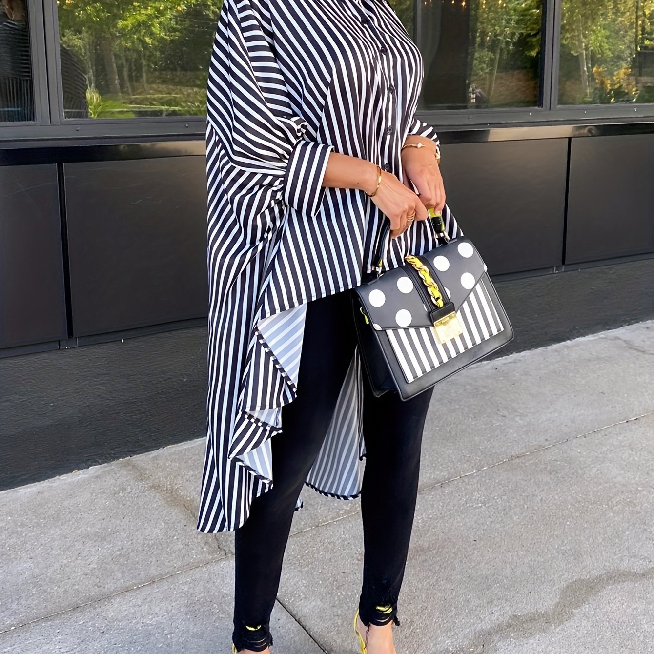 TEMU Koszula W Paski Z Wysokim Obszyciem, Swobodna Koszula Z Długim Rękawem Zapinana Na Guziki, Odzież Damska