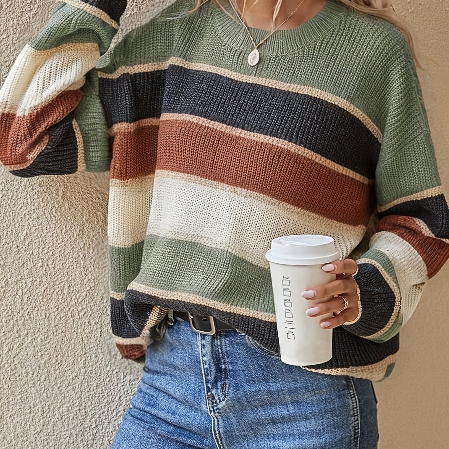 TEMU Sweter Damski w Paski z Blokami Kolorów – Wygodny, Luźny Fason z Okrągłym Dekoltem i Długim Rękawem, Jesienno-Zimowy Casual Top z Zielonymi,