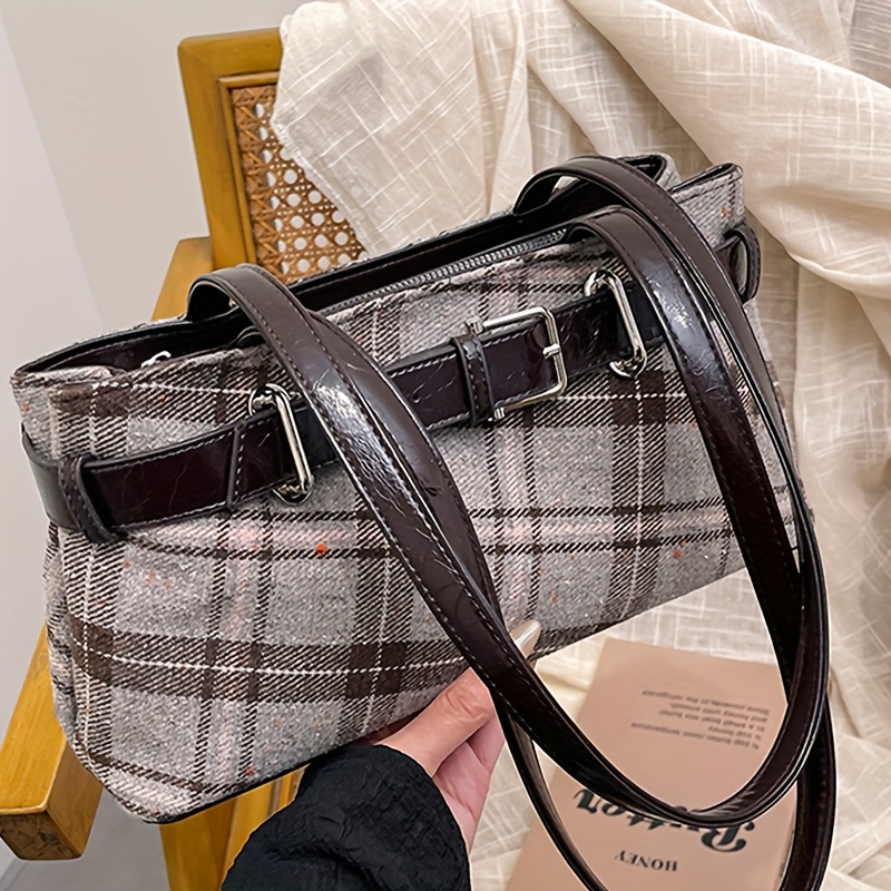 TEMU Kobieca Kawa Brązowa Kratka Torba na Ramię z Regulowanym Paskiem i Zamkiem - Syntetyczna Torebka na Codzienny Dojazd, Zakupy, Randki, Imprezy -