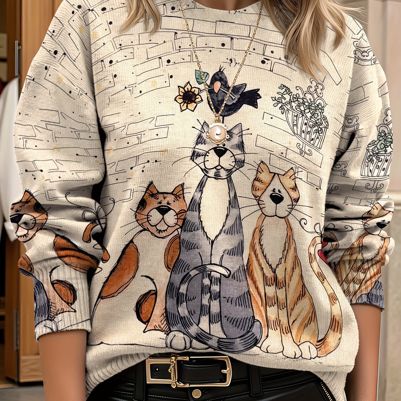 TEMU Sweter Damski Lekki - Gotycki Nadruk z Krukiem i Tygrysem, Beżowy/Czarny/Biały/Szary/Pomarańczowy/Czerwony - Długi Rękaw, Okrągły Dekolt na