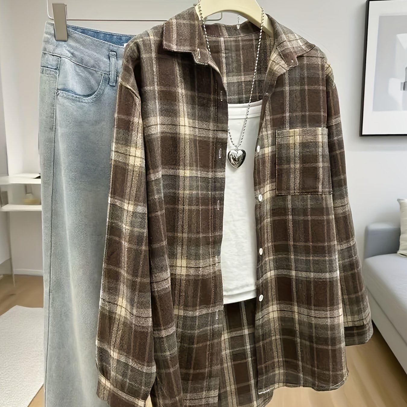 TEMU Damska koszula w , płaszcz na jesień i , luźny styl leniwy, Koreańska edycja, uniwersalna casualowa bluzka cienkiej wersji petite retro
