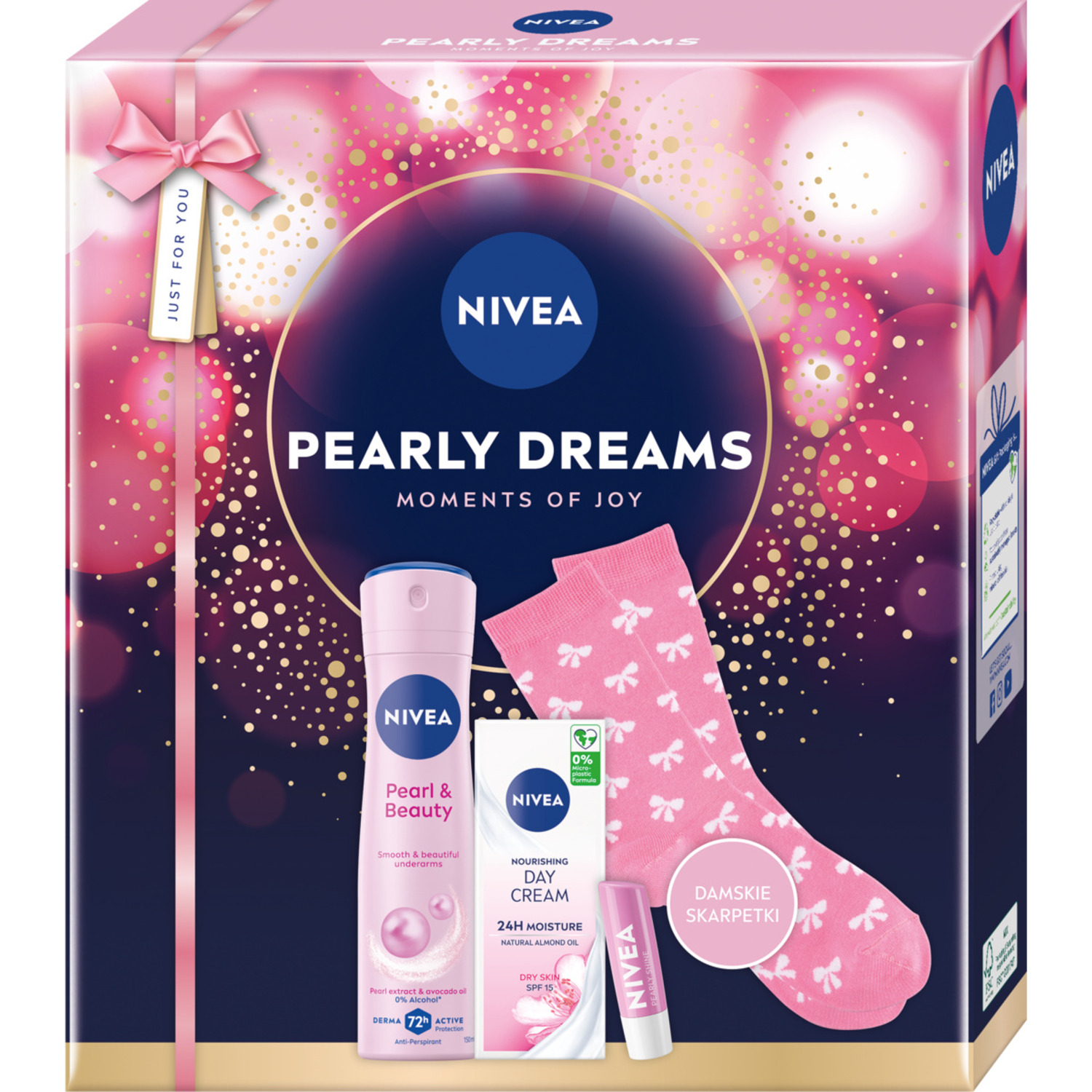 Zestaw Nivea Pearly Dreams, antyperspirant, 150 ml + krem na dzień, SPF 15, 50 ml + pomadka do ust, 4,8 g + skarpetki, 1 para