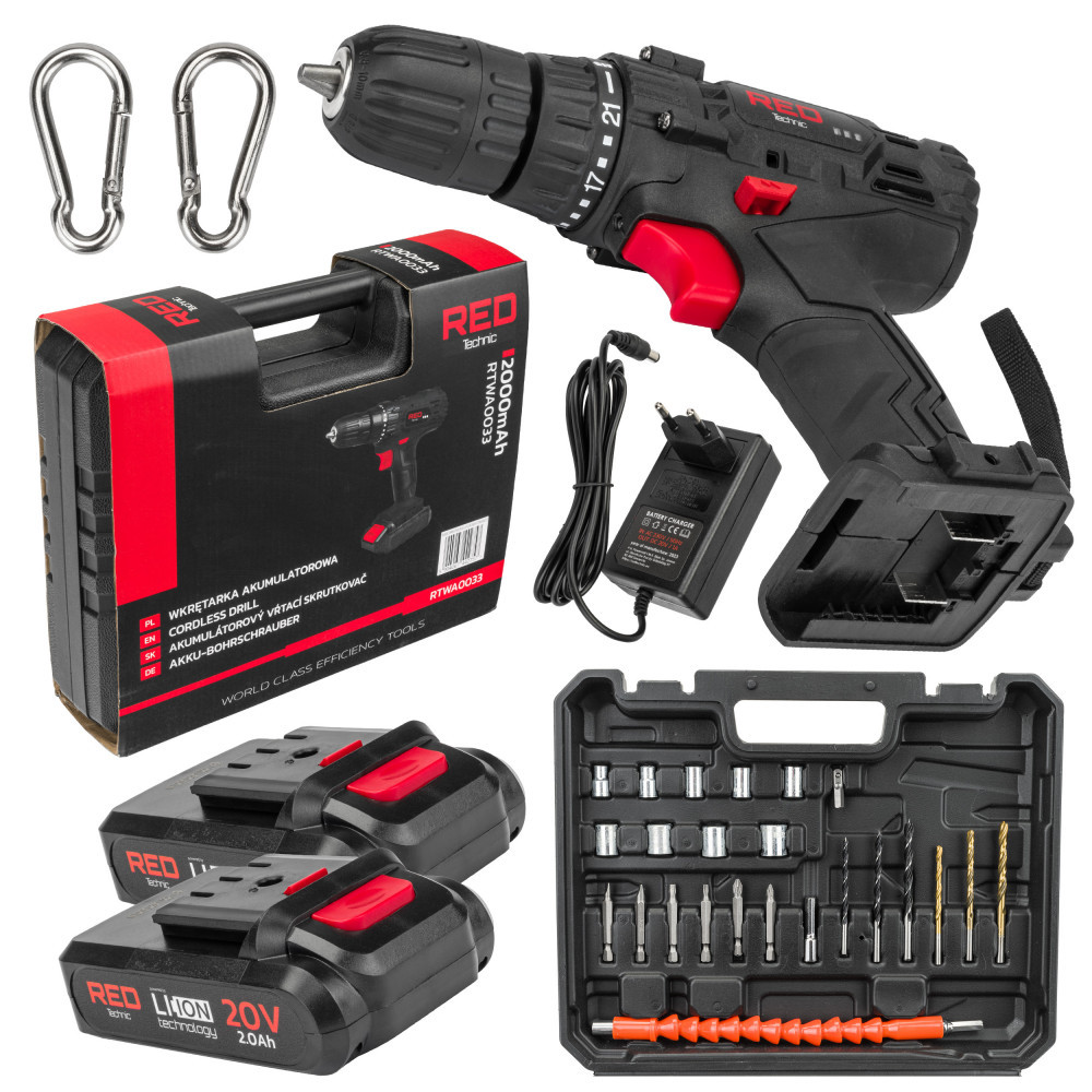 Red Technic Akumulatorowa wkrętarko-wiertarka LCD 2x Akumulator 20V czerwony Technic RTWA0033