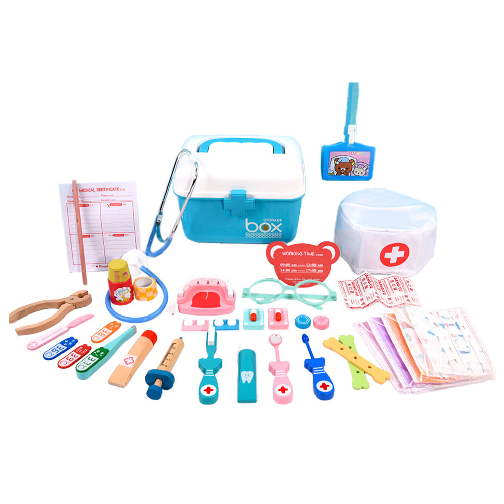 Drewniana zabawka dentystyczna z 38 akcesoriami w kolorze niebieskim