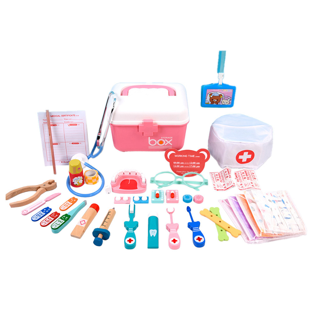 Drewniana zabawka dentystyczna z 38 akcesoriami w kolorze różowym