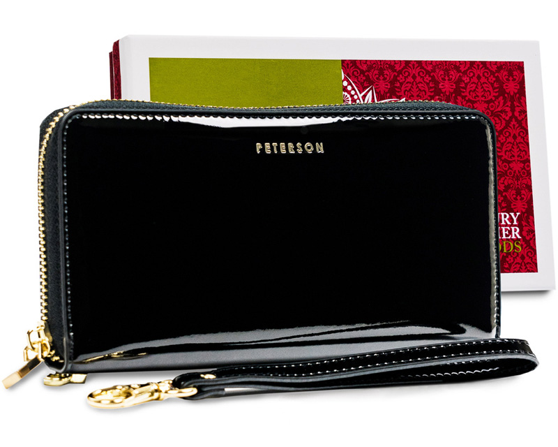 PETERSON Skórzany portfel damski z lakierowanej skóry naturalnej czarny BC-781 RFID BC-781-1681 BLACK