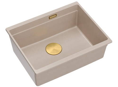 Quadron Unique Zlewozmywak granitowy jednokomorowy podwieszany 56*45*21,5 cm LOGAN 100 PEARL BEIGE z syfonem save space w kolorze złotym