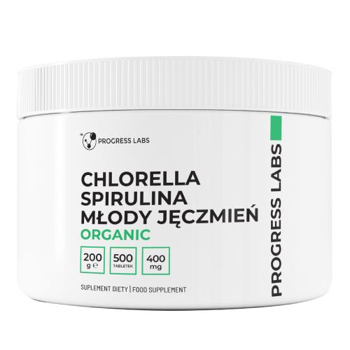 Progress Labs Chlorella Spirulina Młody jęczmień Organic 400 mg, 500 tabl.