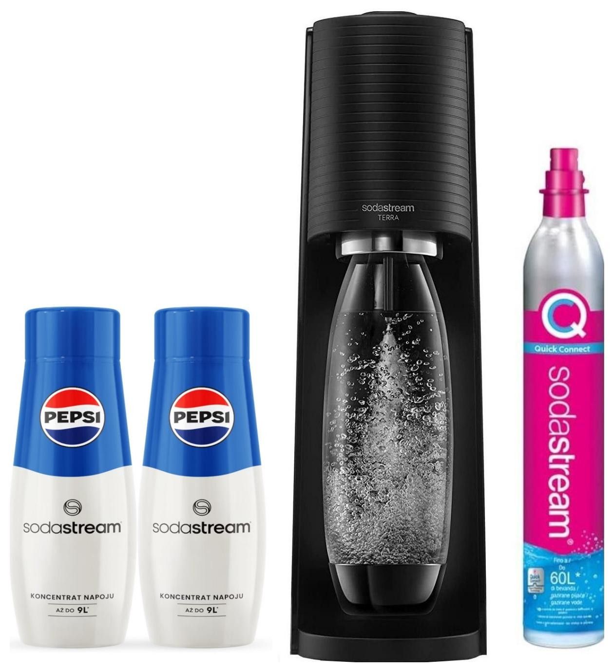 SodaStream Terra czarny + 2 x syrop Pepsi 400 ml czarny