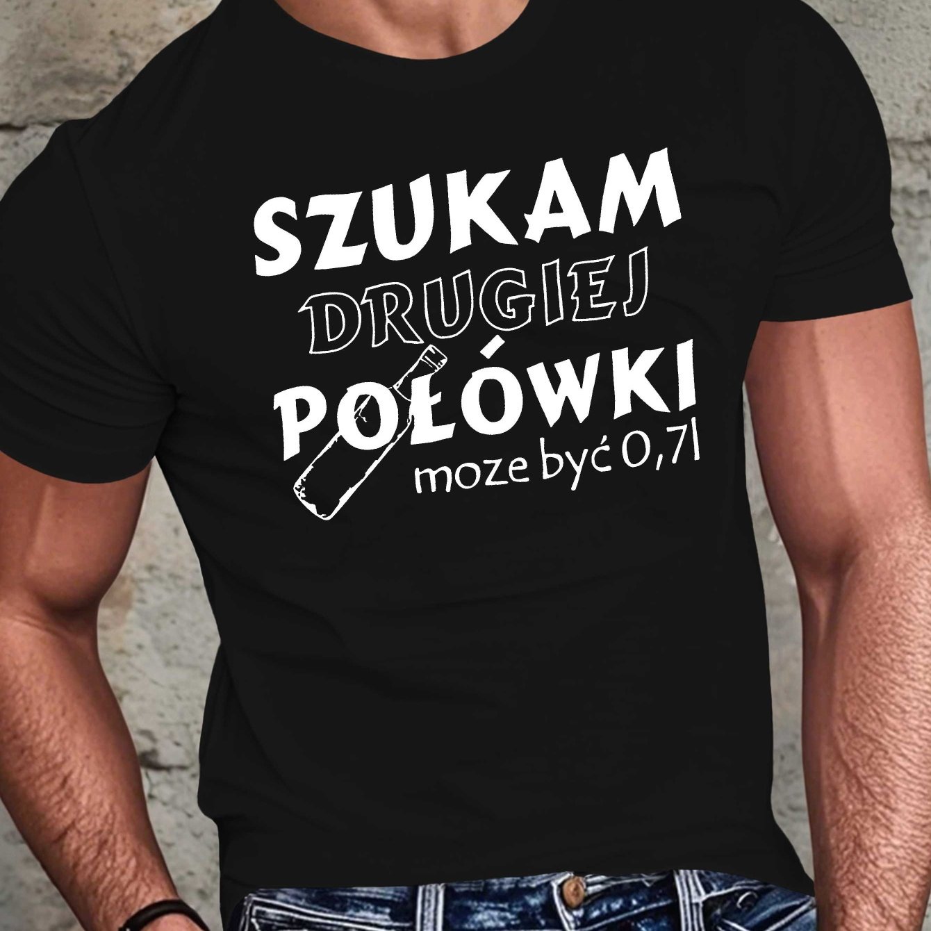 TEMU Koszulka Męska z Zabawnym Humorem Polskim - Czarna z Białym Napisem 