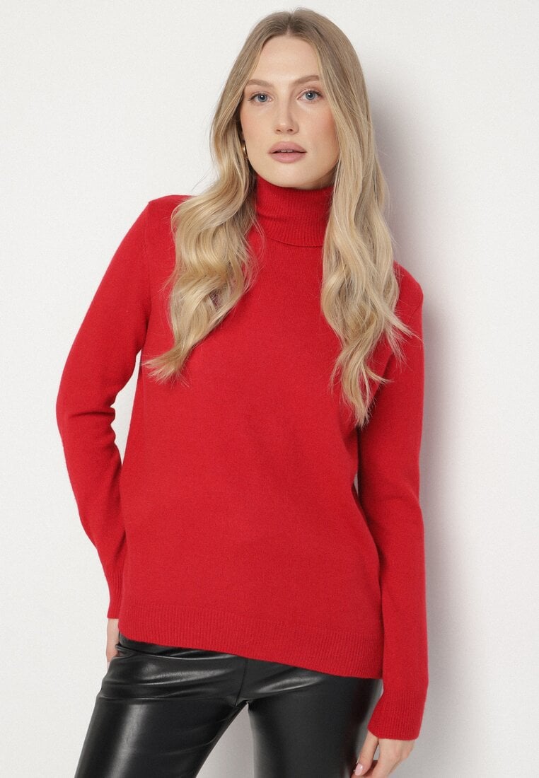 Czerwony Casualowy Golf z Wełną o Prostym Kroju Reiselia