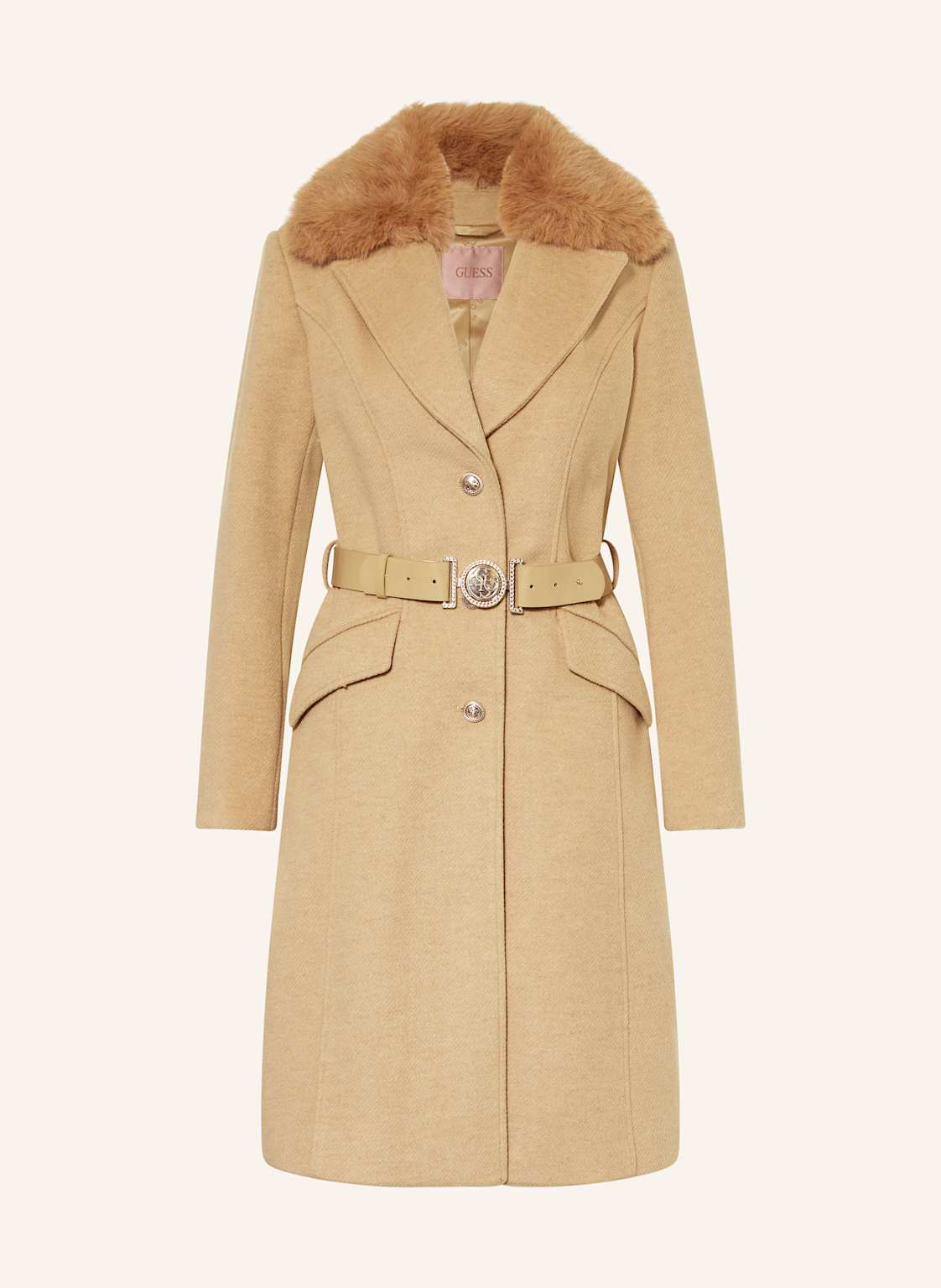 Guess Płaszcz New Patrice Z Odpinanym Sztucznym Futrem beige