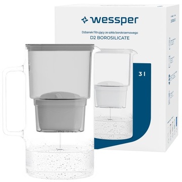 Dzbanek filtrujący szklany Wessper D2 Borosilicate 3l 1 filtr Aquamax