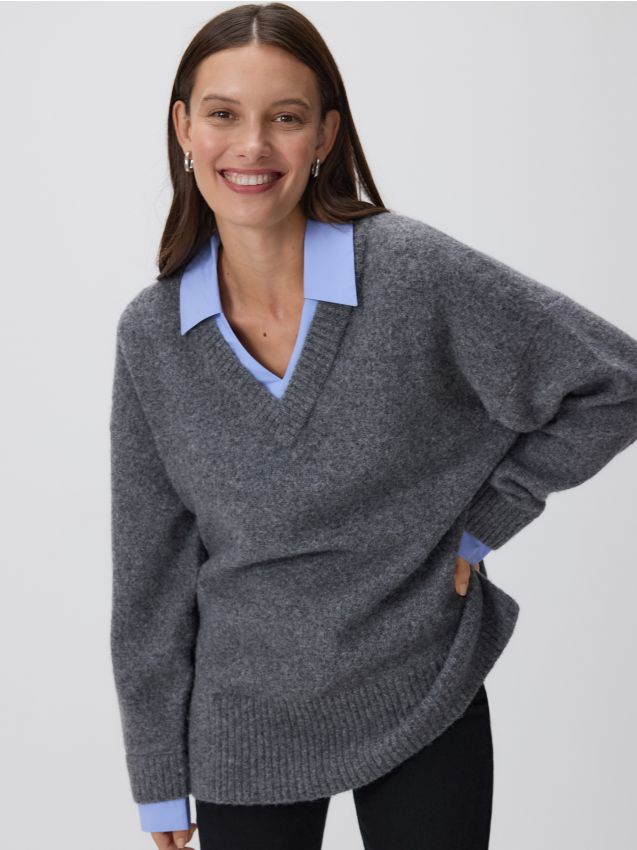 Reserved - Sweter z koszulowym kołnierzem - szary