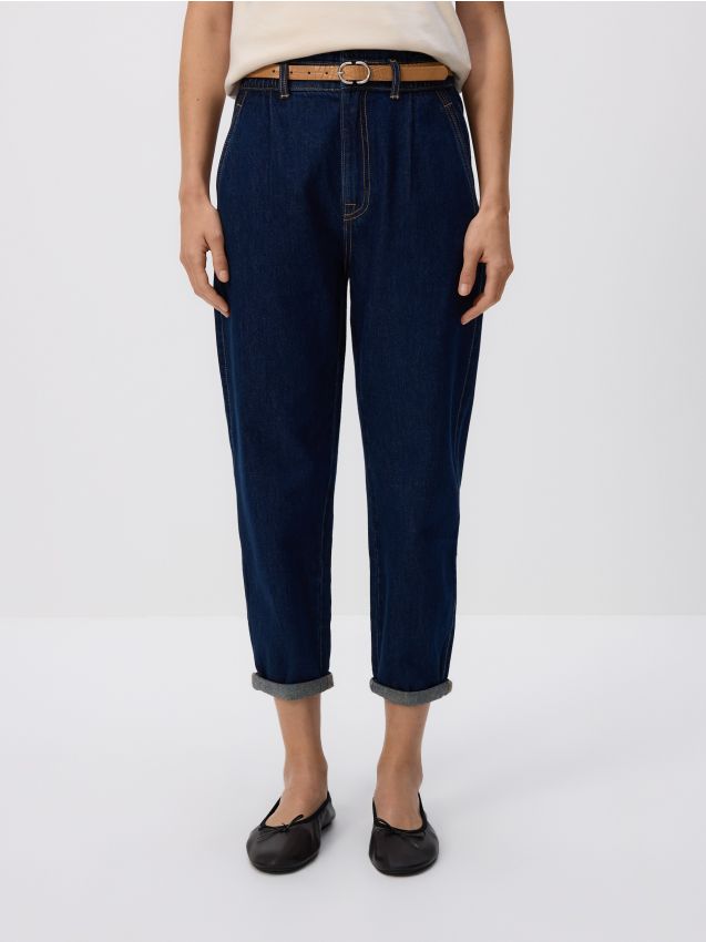 Reserved - Jeansy paperbag z paskiem - granatowy