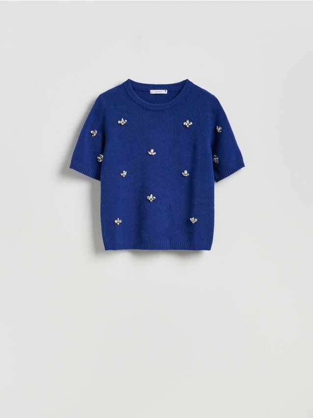 Reserved - Sweter z błyszczącą aplikacją - niebieski